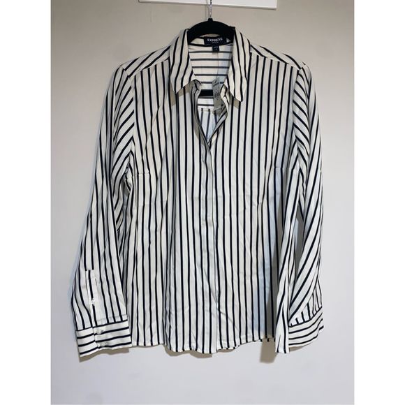 Express Portofino NWT Black White Stripe Button-up Blouse, Size Medium, MSRP $54 - Picture 1 of 7